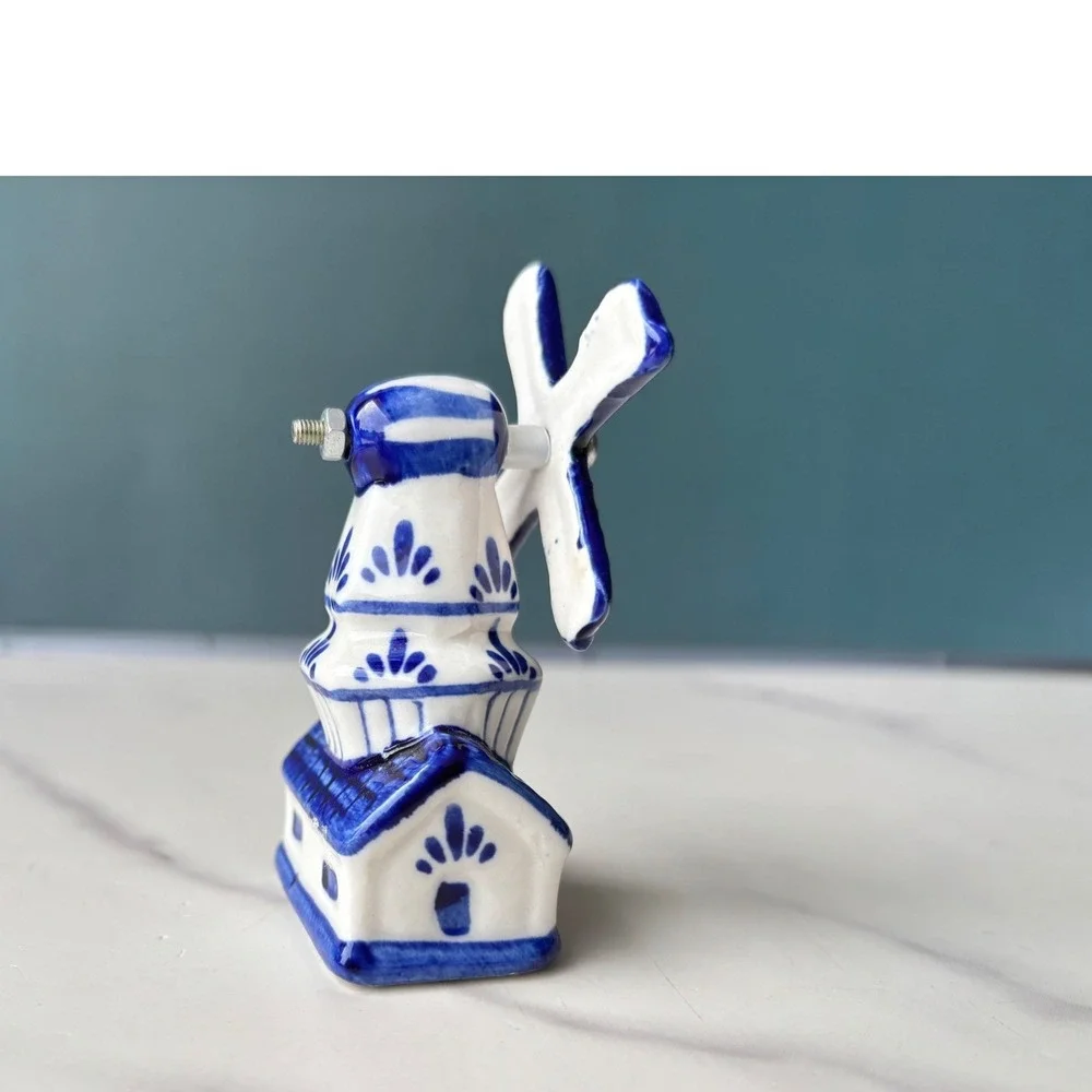 Delft Blue Ceramic Windmill Figurine Dutch Souvenir Miniature Moving Blades